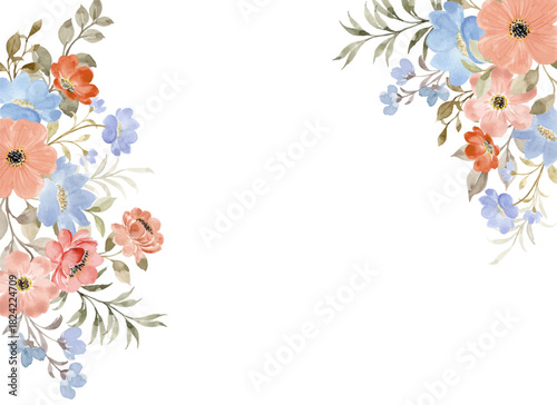 Orange Blue Floral Border Background With Watercolor