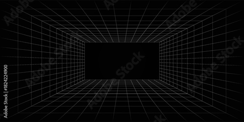 Futuristic perspective grid box. Abstract wireframe with white grid line on black background. Virtual reality landscape in 80s 90s digital style. Vector