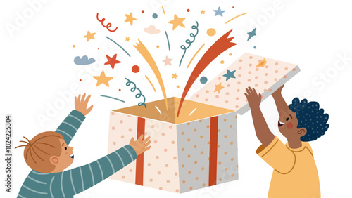 Excited children open a magical surprise gift box filled with stars and confetti for a birthday party