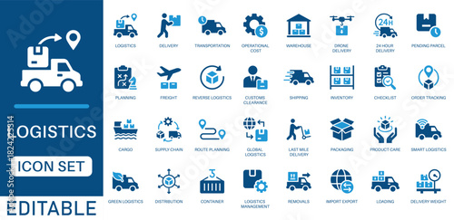 Logistics icon set. featuring delivery, distribution, shipping, transportation, cargo, freight, route planning, supply chain, drone  delivery, export, import and more. perfect vector icon collection. 