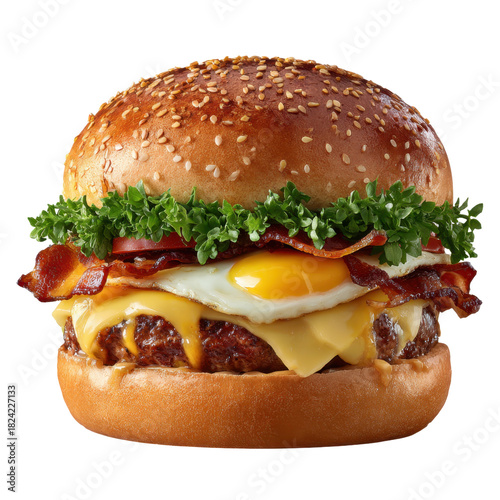 Cheeseburger with fried egg, bacon, melted cheese, tomato and lettuce on sesame bun, savory and tempting breakfast sandwich