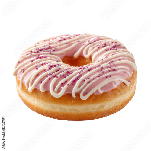 Pink glazed donut with white drizzle and purple sprinkles, dessert, pastry, sweet, close up, isolated