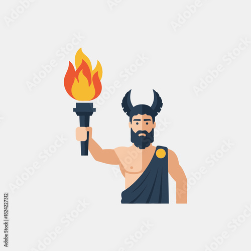 Man with horns holds a flaming torch wearing a toga style garment.