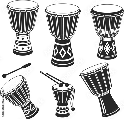 African djembe drums set, tribal percussion instruments, rhythm beat symbols, hand-drawn silhouettes, ethnic music artwork, West African culture illustration, black white vector graphics