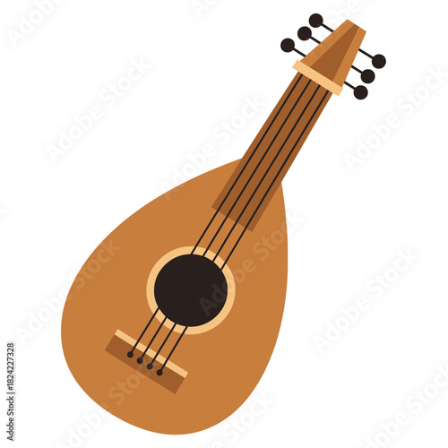 A brown lute with six strings and a round soundhole.