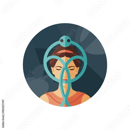 Person with abstract blue headwear and closed eyes.