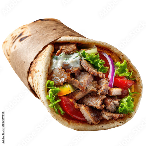 Grilled meat wrap with fresh lettuce, tomato, onion, cucumber and creamy sauce, warm flatbread rolled for savory street food bite
