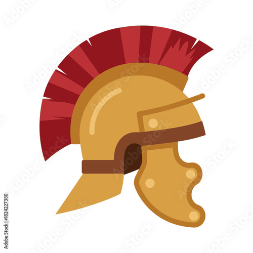 Golden roman helmet with red plume and cheek guards.