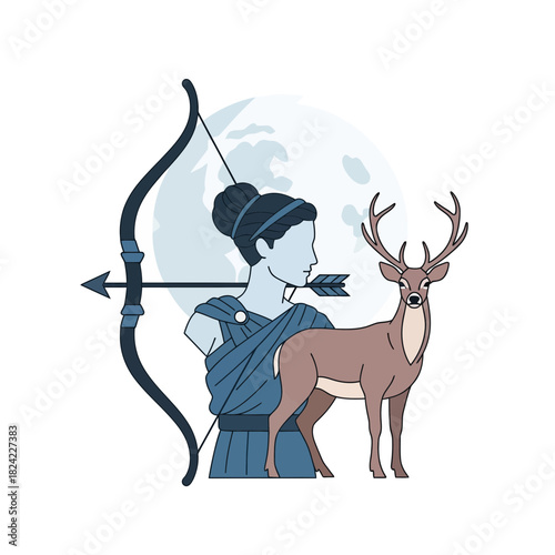 Archer aims bow and arrow at a deer with moon behind.