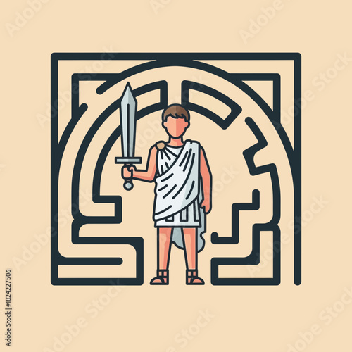 Man in toga holds sword stands before maze or labyrinth illustration.