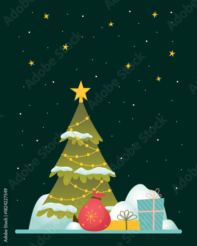 Outdoor Scene with Decorated Christmas Tree, Gift Boxes and Snowdrifts on Night Snowy and Starry Background. Perfect for Invitations, Postcards, Banners and Flyers. Merry Christmas and Happy New Year