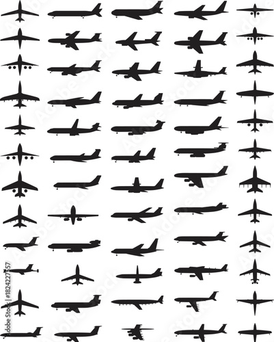 Airplane silhouette collection, assorted aircraft icons, jet and propeller plane shapes, aviation graphic set, commercial and military aircraft vector design