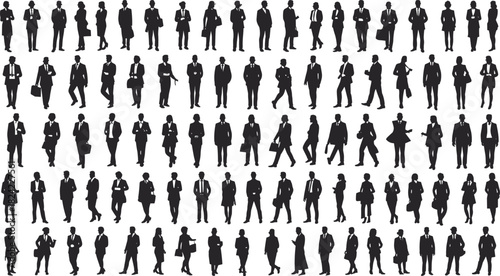 Business people silhouettes collection in various professional poses, standing walking corporate figures set, formal office workers illustration, black human outlines