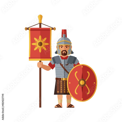 Roman soldier stands holding a banner and shield wearing helmet and armor.