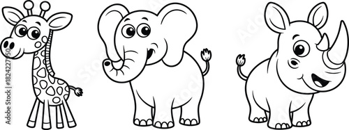Cute cartoon giraffe, elephant, and rhino illustration, adorable wildlife animals, black and white drawing, kid-friendly zoo character artwork design