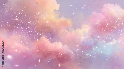 Dreamy pastel sky with fluffy clouds and sparkling stars at sunset