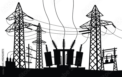 Electrical substation silhouette with high voltage power lines, industrial energy infrastructure scene, utility grid towers, transformer station vector illustration design