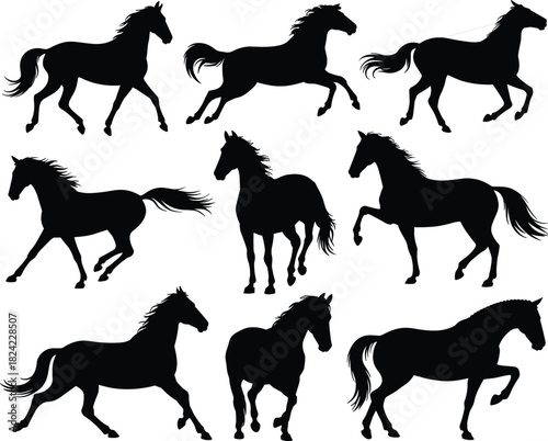 Horse silhouette collection featuring running, walking, and trotting poses, dynamic equine artwork set for design, wildlife illustration elements