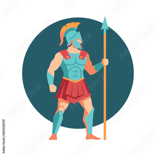 Illustration of a warrior wearing armor and helmet holding a spear.