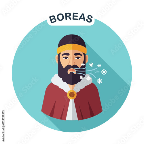 Boreas illustration of a man with a beard blowing wind.