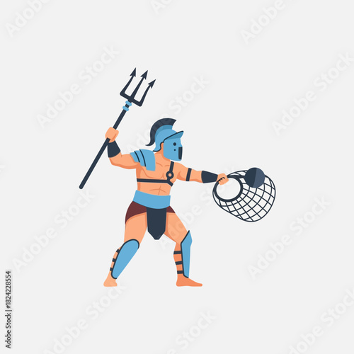 Gladiator with trident and net in fighting stance wearing armor and helmet.