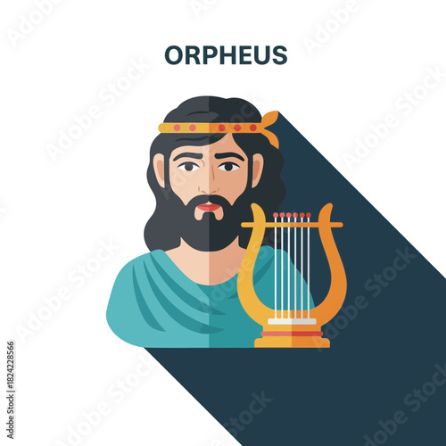 Man with beard and head wreath holding a lyre musical instrument.