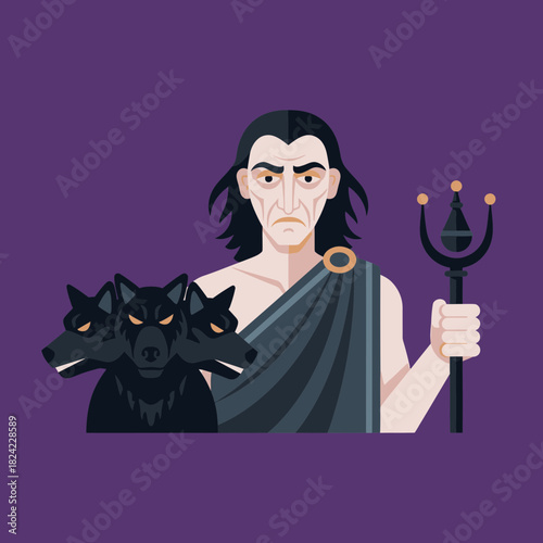 Man with dark hair holds trident next to three-headed dog illustration.