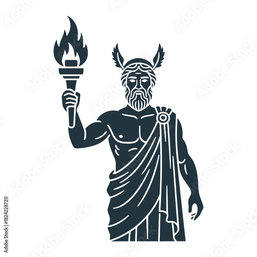 Statue of a man holding a torch with flames wearing a toga.