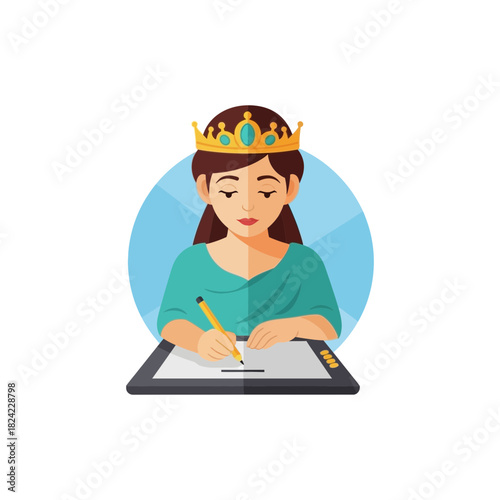 Cartoon girl with crown writing on tablet device with a stylus.