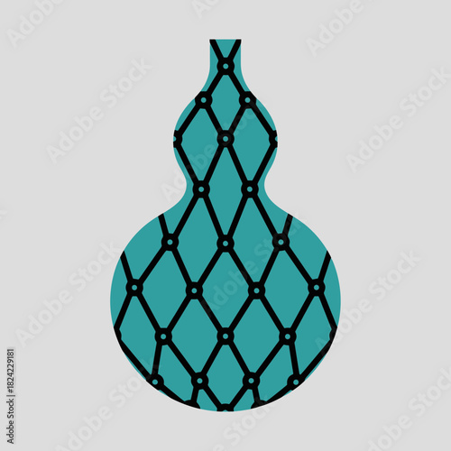 Teal gourd shape with black net pattern covering its surface.