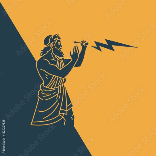 Bearded figure in robes holds lightning bolt illustration graphic design element.