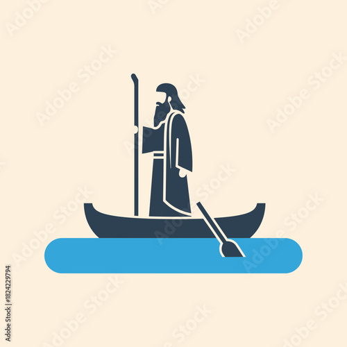 Person in a boat with paddle and staff on water illustration.