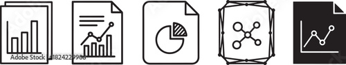 Modern data analytics and reporting vector icon set illustrating business intelligence, financial trends, market shares, and network connections Vector