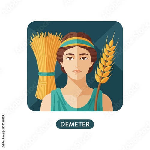 Woman with wheat and headband wearing green top illustration.
