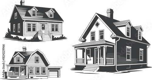 Residential house sketch, architectural illustration, black and white drawing, porch design, dormer windows, garage, chimney, elevation, trim, mailbox