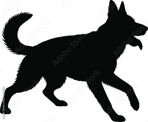 Running dog silhouette, energetic canine outline, black animal shape, active pet illustration, vector dog graphic, domestic animal motion art design