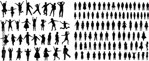 Silhouettes of diverse people in various poses, children jumping, adults standing, group figures, crowd illustration, black silhouettes on white background