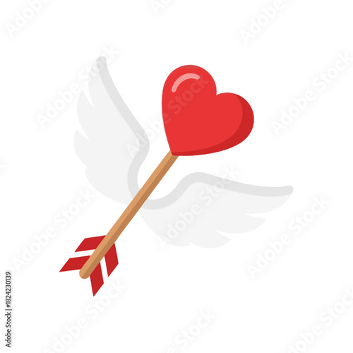 Arrow with a red heart tip and white wings flying.
