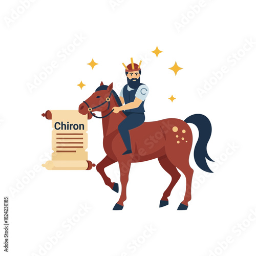 Man in costume riding a brown horse holding a scroll with text.