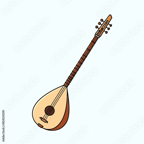 Cartoon stringed instrument with pear-shaped body and tuning pegs.