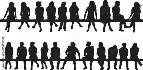Silhouettes of people sitting on bench, group of men and women in relaxed poses, human figures for design and illustration elements