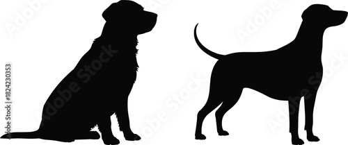 Silhouettes of two dogs, sitting and standing poses, black canine shapes, pet illustration, animal outline art, vector dog silhouettes