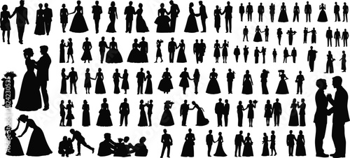 Wedding couple silhouettes collection, bride and groom poses with family and children, romantic ceremony illustration set for design and artwork