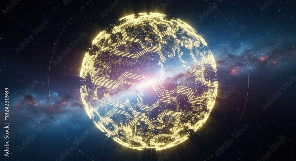 Obraz premium Animated yellow 3d sphere made of shining particles and energy rays