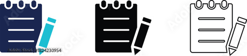 Pen with checklist document Icon set featuring outline, solid, flat, and glyph styles for reports and evaluation graphics.