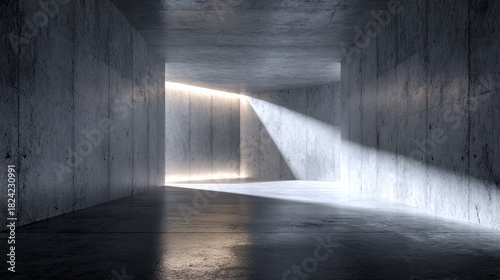 Empty Industrial Concrete Room With Dramatic Sunlight Beam And Shadows