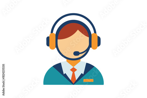 Faceless cartoon person wearing headset and tie looks welcoming in corporate style clothing