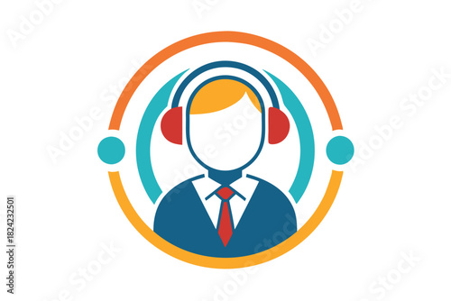 Faceless agent with headphones in blue suit stands inside colorful circular frame