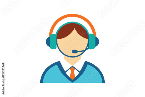 Faceless person wearing a headset with a microphone and an orange tie smiles warmly