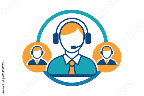 Faceless operators wearing headset icons illustrate telecom, customer support, and global communication network